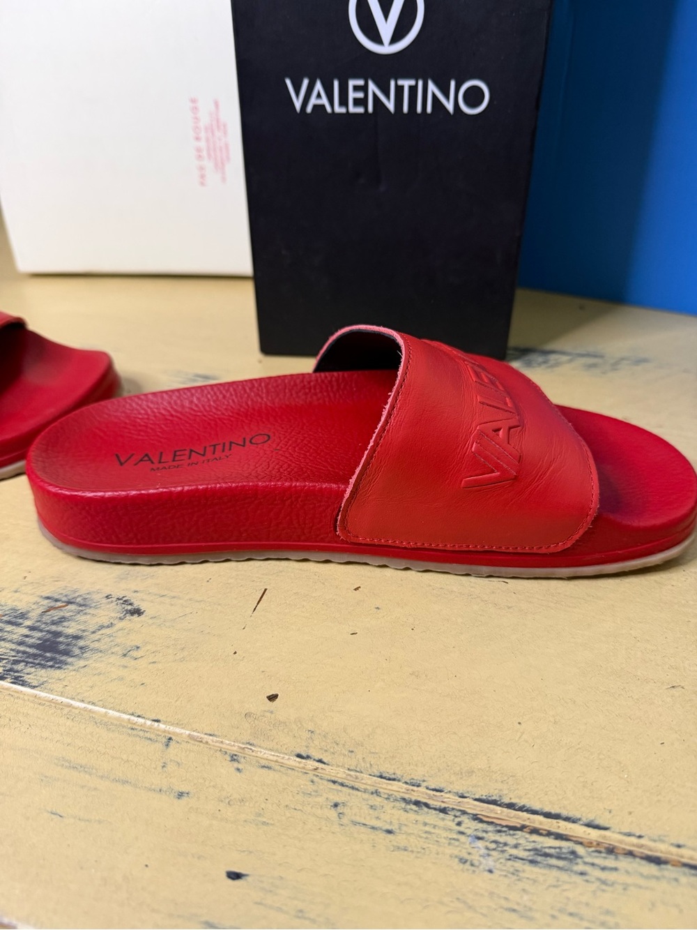 Valentino Red Embossed Logo Slide Sandals - Picture 2 of 9
